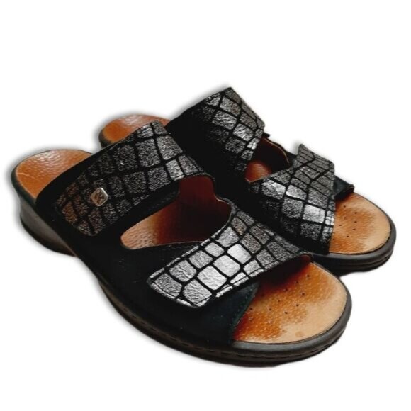 ROMIKA \ Slip-on Comfort Low Wedge Sandals Black & Silver Adjustable Shoe Sz 8 - Picture 1 of 16